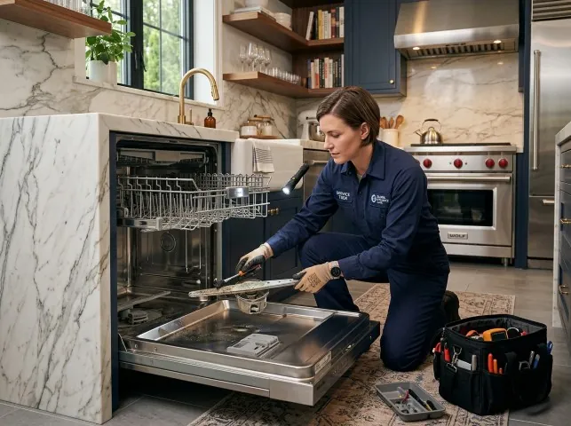 Appliance Repair Hero technician servicing a built-in dishwasher in a Arlington Heights, MA kitchen