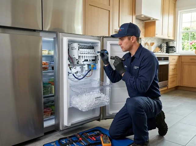 Appliance Repair Hero technician repairing a refrigerator ice maker in Arlington Heights, MA