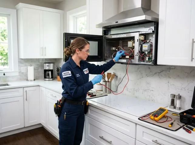 Appliance Repair Hero technician testing an over-the-range microwave in a Arlington Heights, MA kitchen