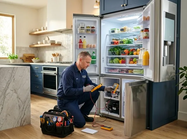 Appliance Repair Hero refrigerator technician testing a fridge on a Arlington Heights, MA service call